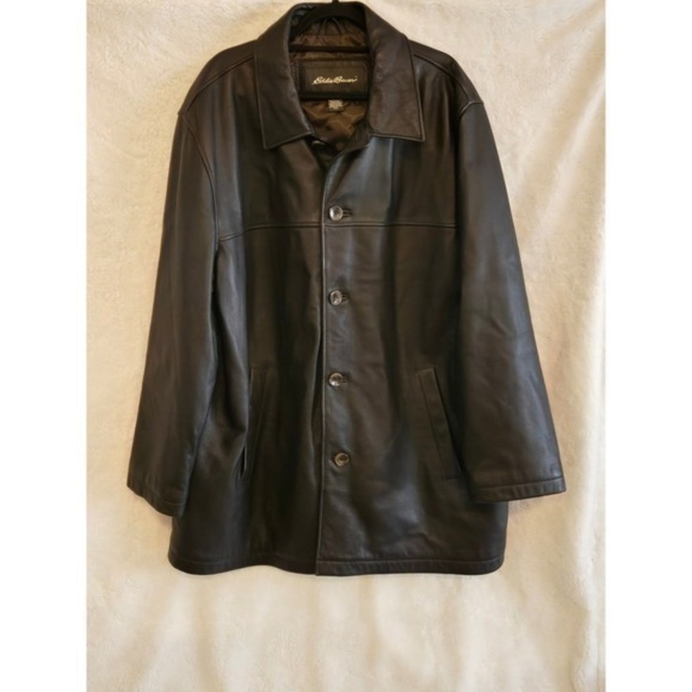 Eddie Bauer Mens XXL Dark Brown Genuine Leather Quilted Insulated Coat/Jacket‎